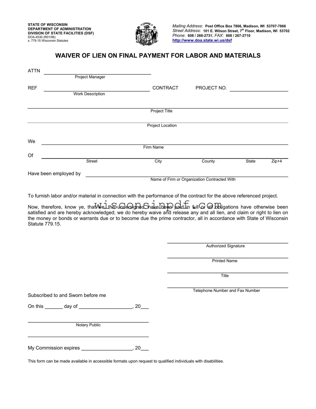 Fill Out a Valid Lien Waiver Wisconsin Template