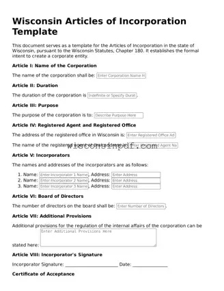 Blank  Articles of Incorporation Document for Wisconsin