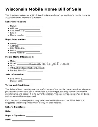 Blank  Mobile Home Bill of Sale Document for Wisconsin