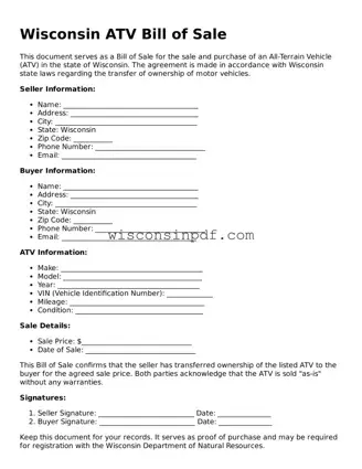 Blank  ATV Bill of Sale Document for Wisconsin