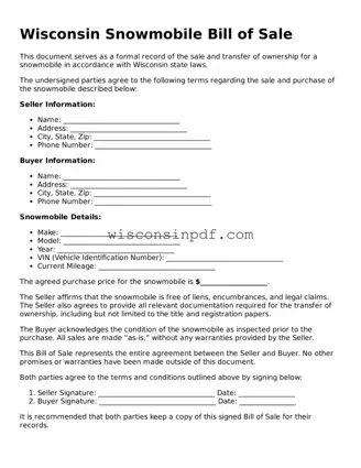 Blank  Snowmobile Bill of Sale Document for Wisconsin