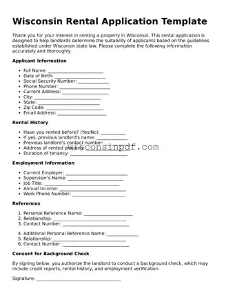 Blank  Rental Application Document for Wisconsin