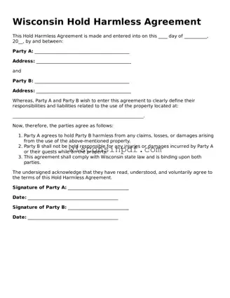 Blank  Hold Harmless Agreement Document for Wisconsin