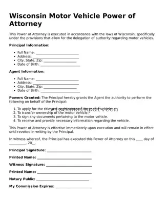 Blank  Motor Vehicle Power of Attorney Document for Wisconsin