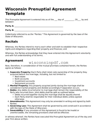 Blank  Prenuptial Agreement Document for Wisconsin