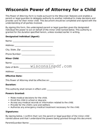 Blank  Power of Attorney for a Child Document for Wisconsin