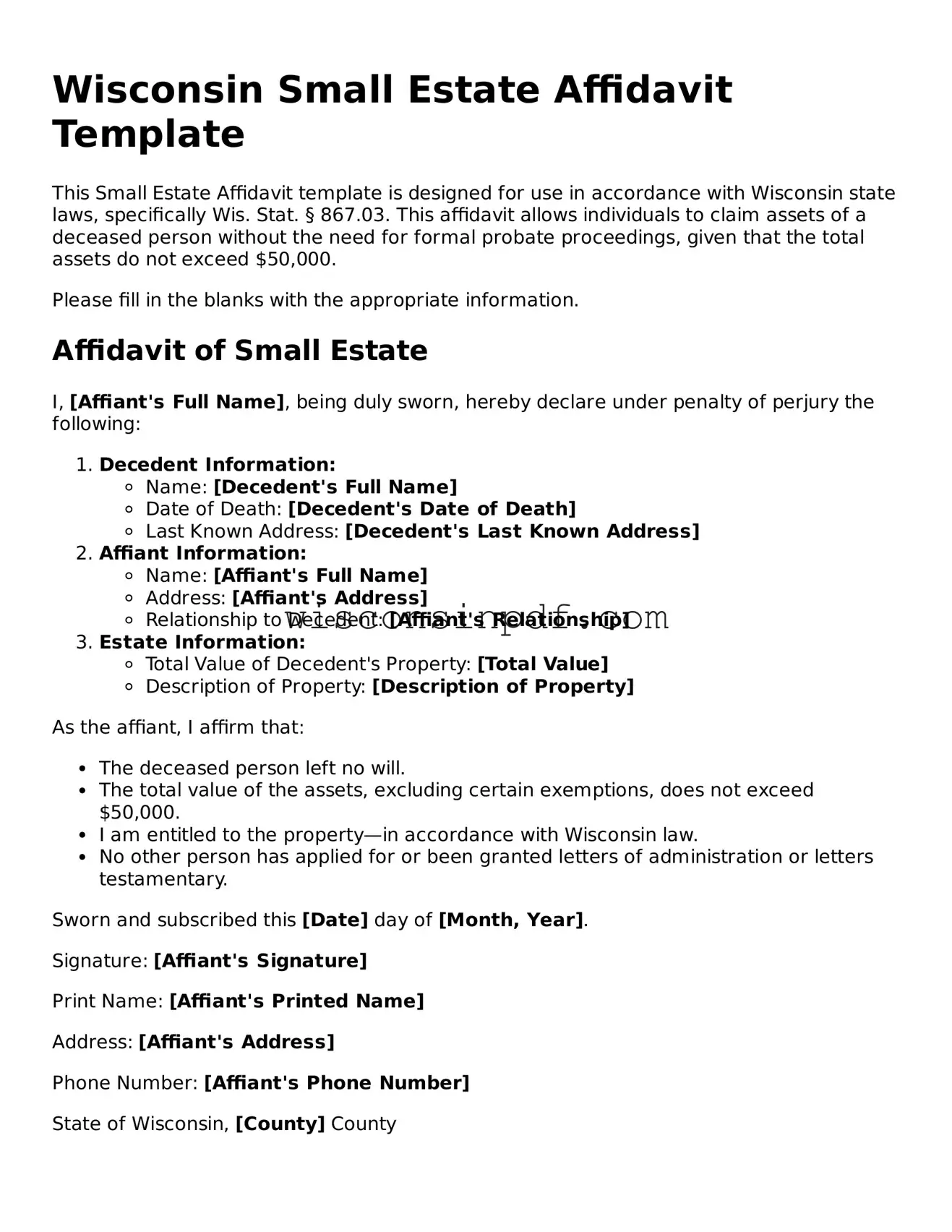 Blank  Small Estate Affidavit Document for Wisconsin
