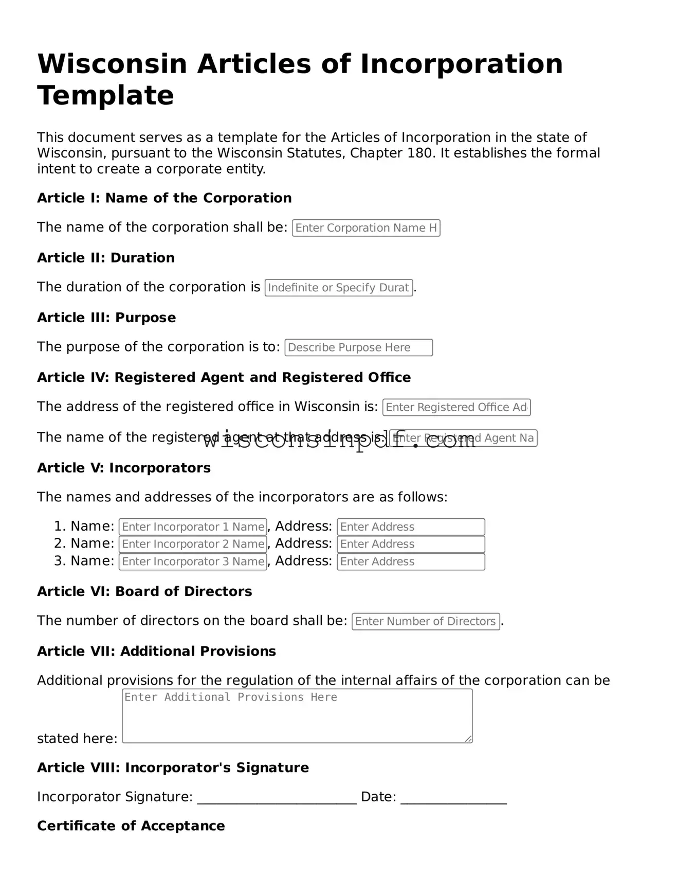 Blank  Articles of Incorporation Document for Wisconsin