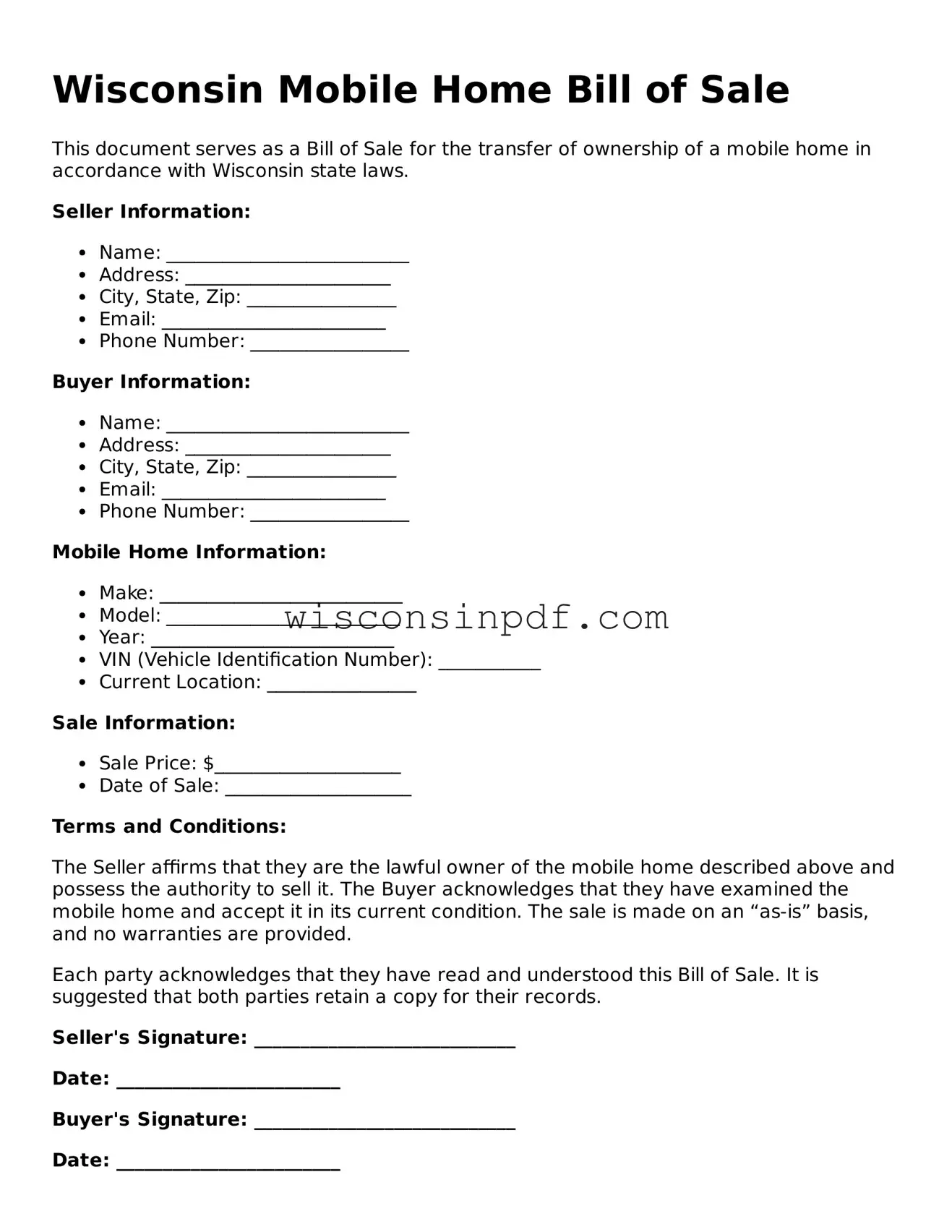 Blank  Mobile Home Bill of Sale Document for Wisconsin