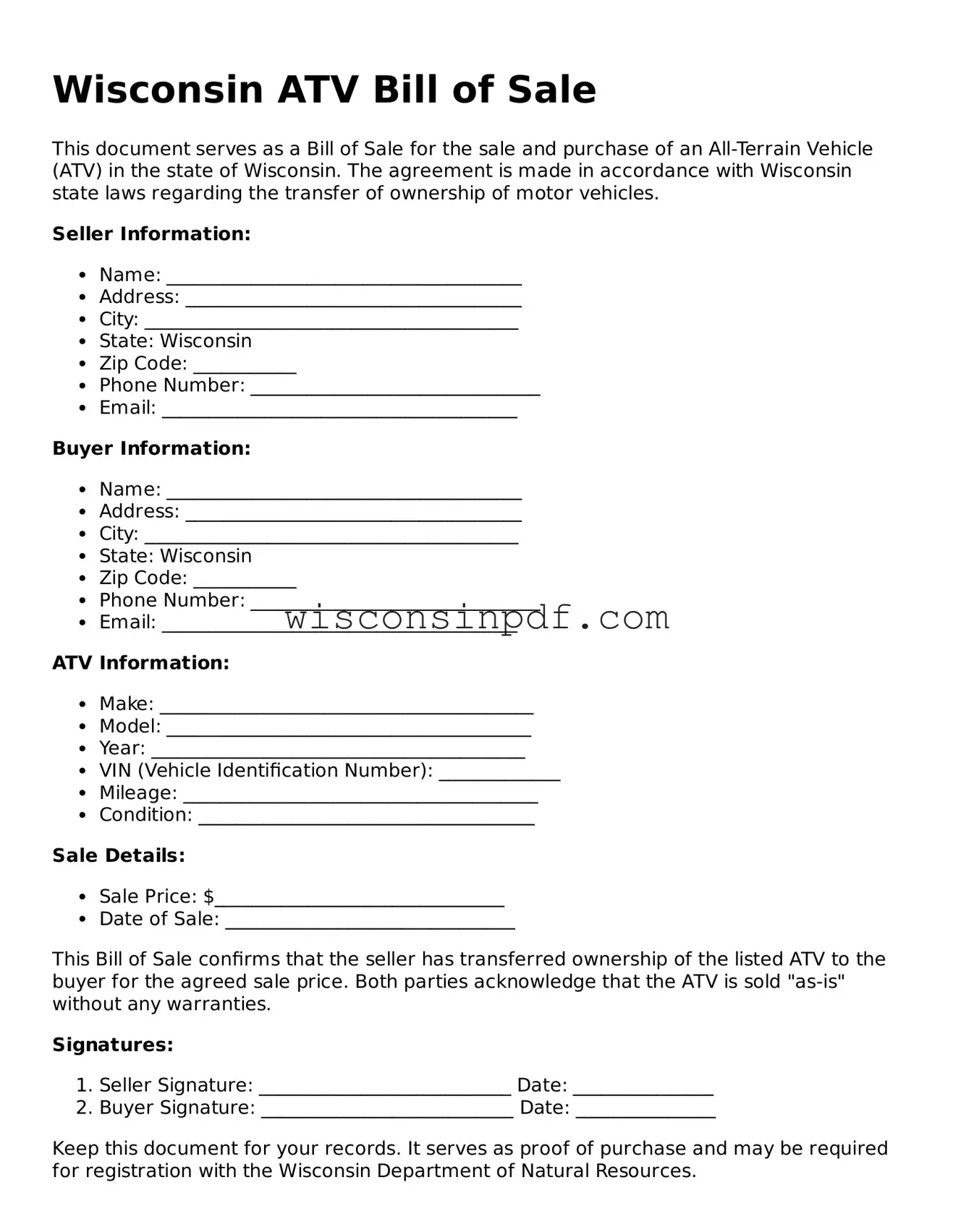 Blank  ATV Bill of Sale Document for Wisconsin