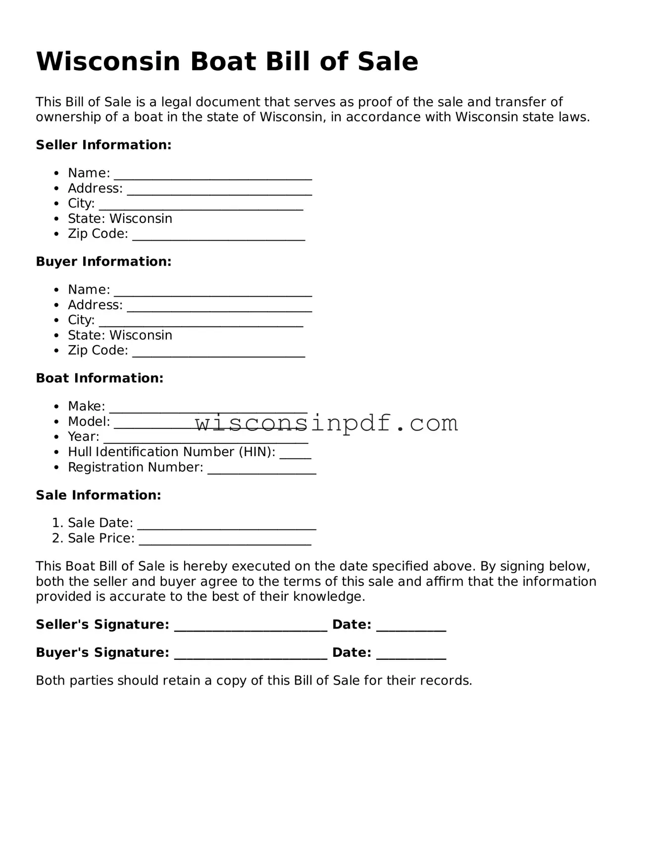 Blank  Boat Bill of Sale Document for Wisconsin