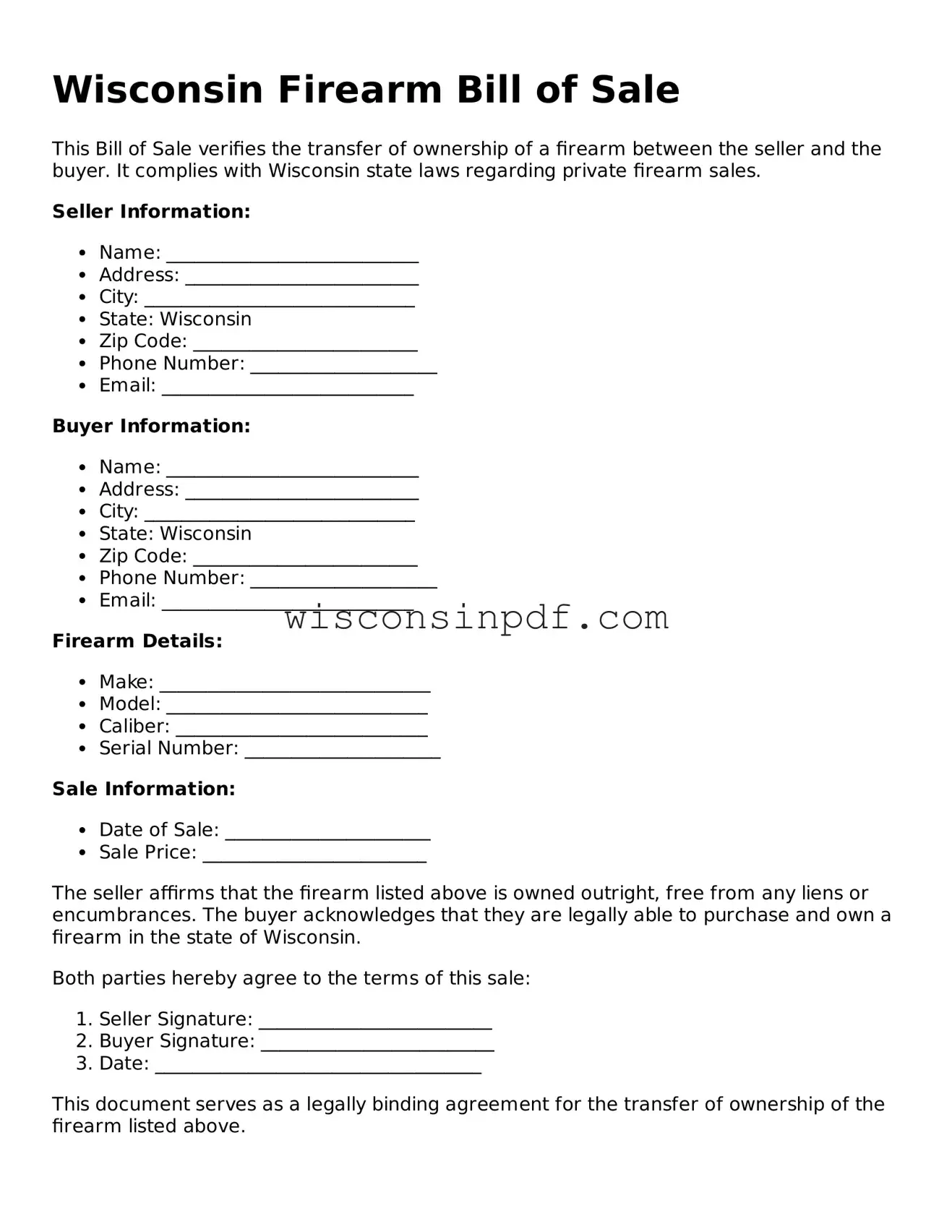 Blank  Firearm Bill of Sale Document for Wisconsin
