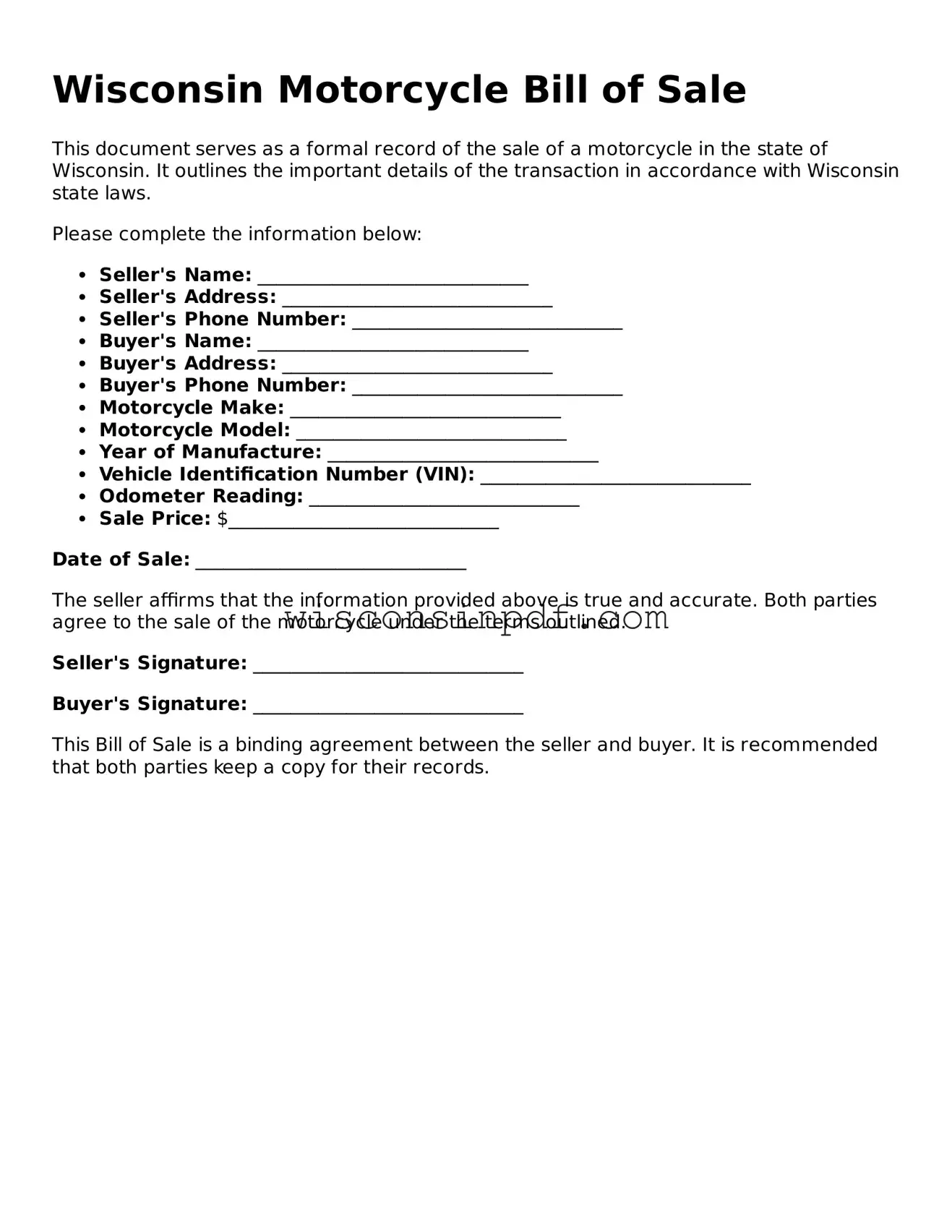 Blank  Motorcycle Bill of Sale Document for Wisconsin