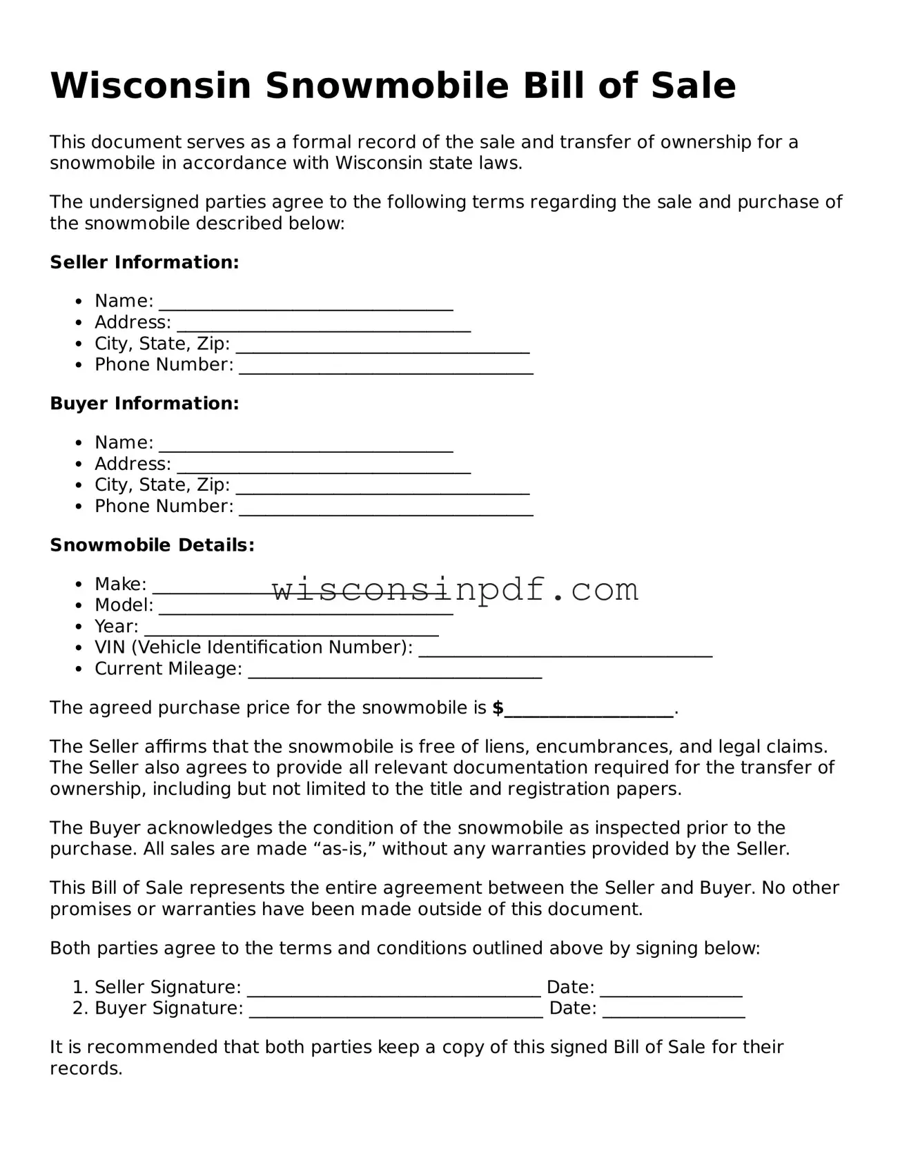 Blank  Snowmobile Bill of Sale Document for Wisconsin