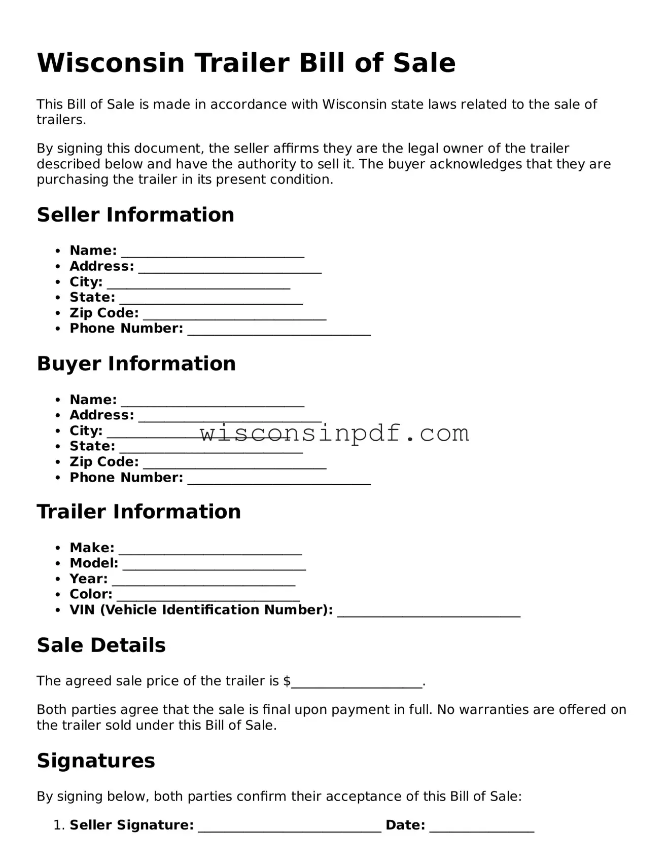 Blank  Trailer Bill of Sale Document for Wisconsin