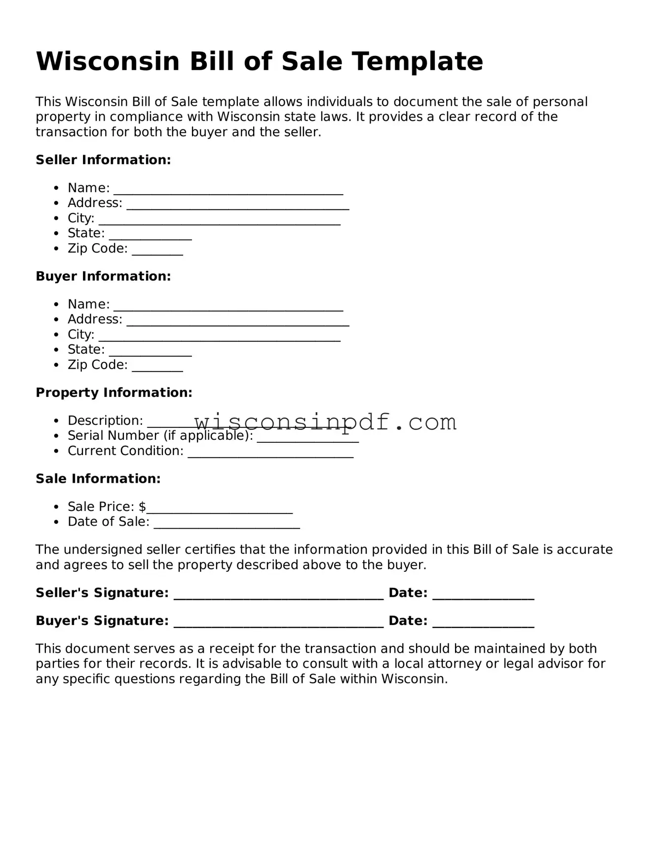Blank  Bill of Sale Document for Wisconsin