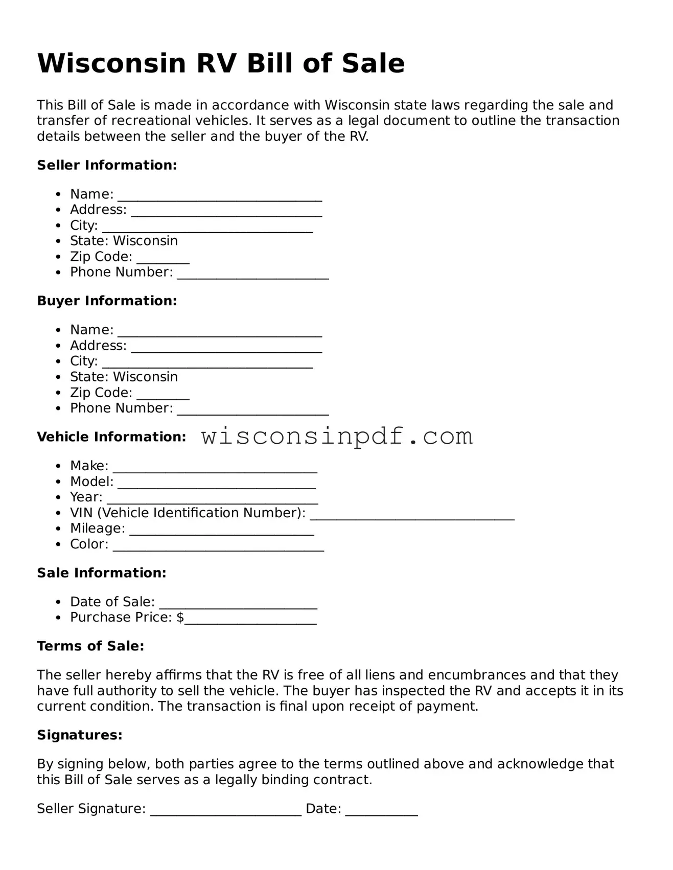 Blank  RV Bill of Sale Document for Wisconsin
