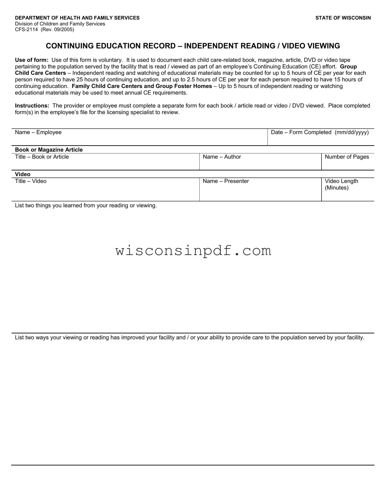 Fill Out a Valid Wisconsin Cfs 2114 Template