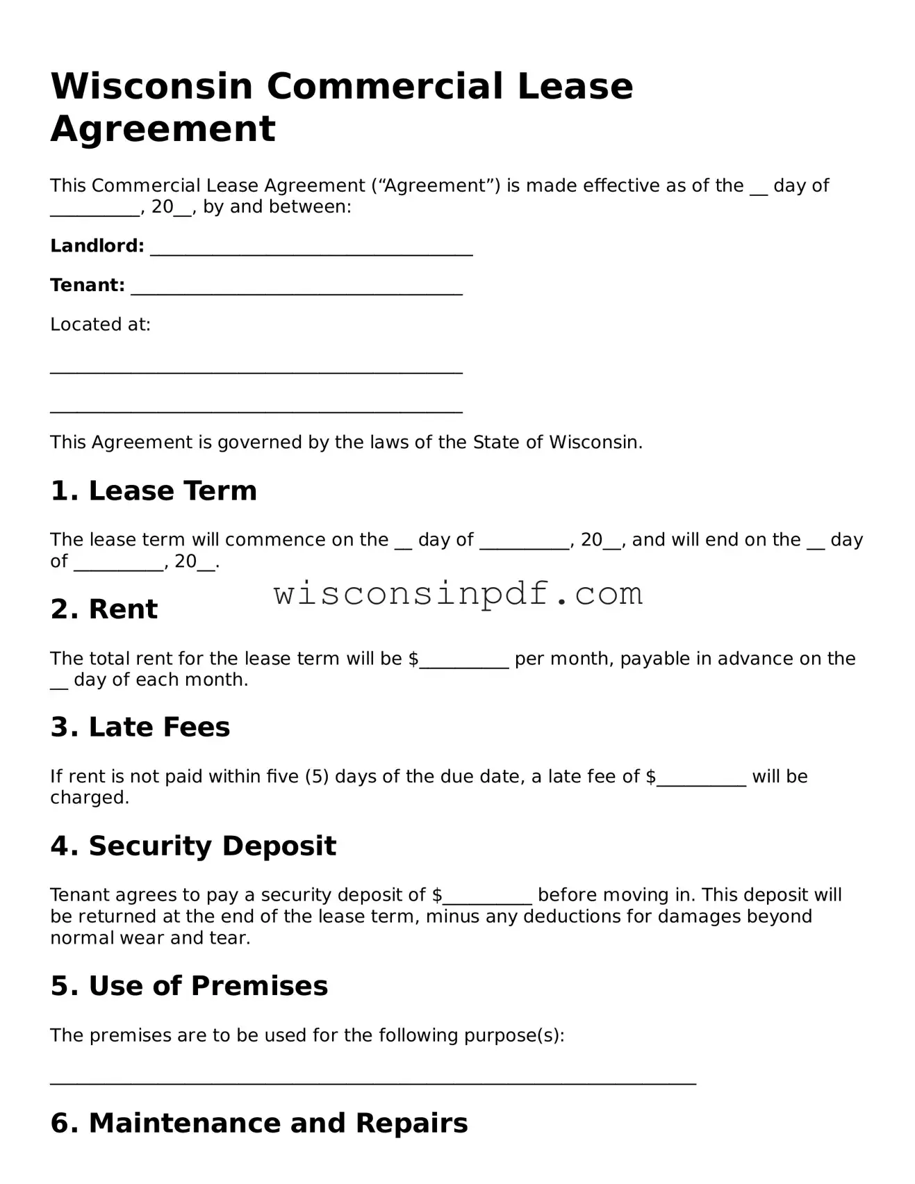 Blank  Commercial Lease Agreement Document for Wisconsin