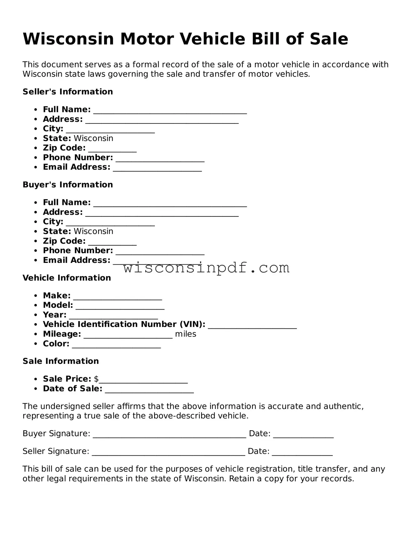 Blank  Motor Vehicle Bill of Sale Document for Wisconsin
