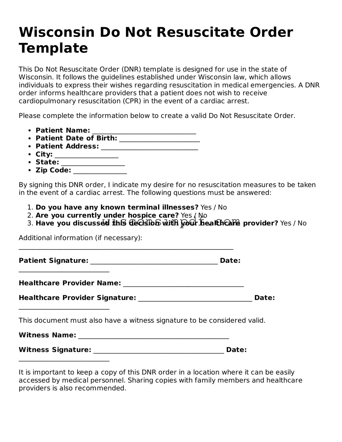 Blank  Do Not Resuscitate Order Document for Wisconsin