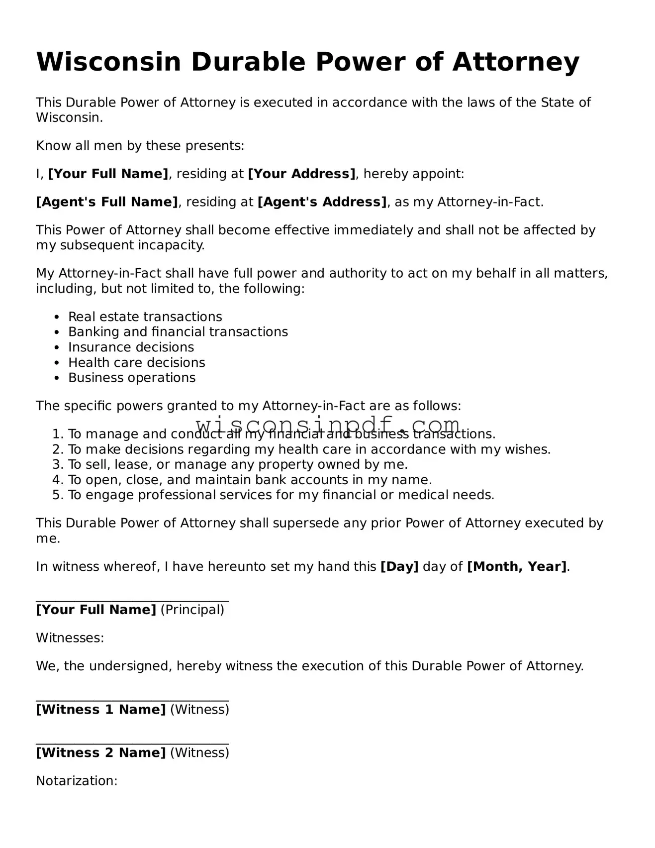 Blank  Durable Power of Attorney Document for Wisconsin