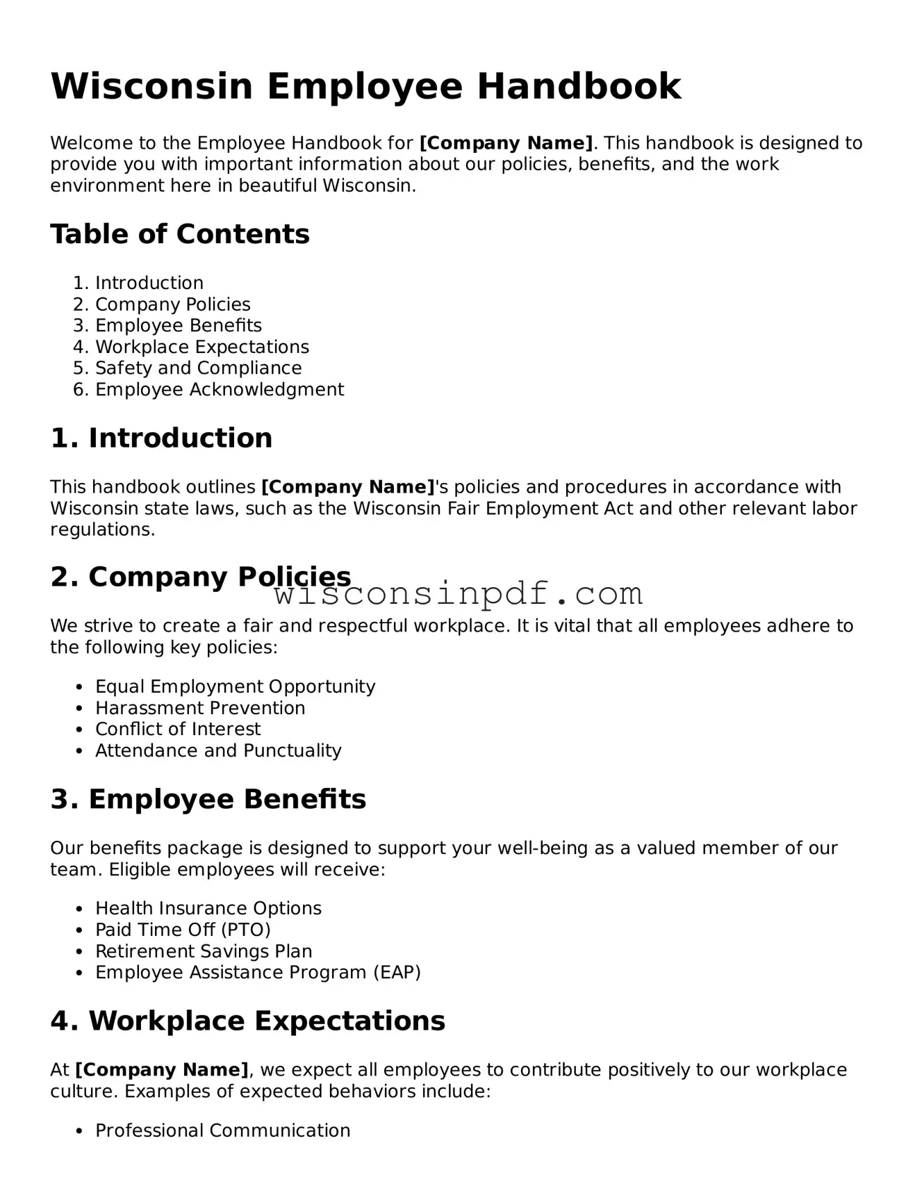 Blank  Employee Handbook Document for Wisconsin