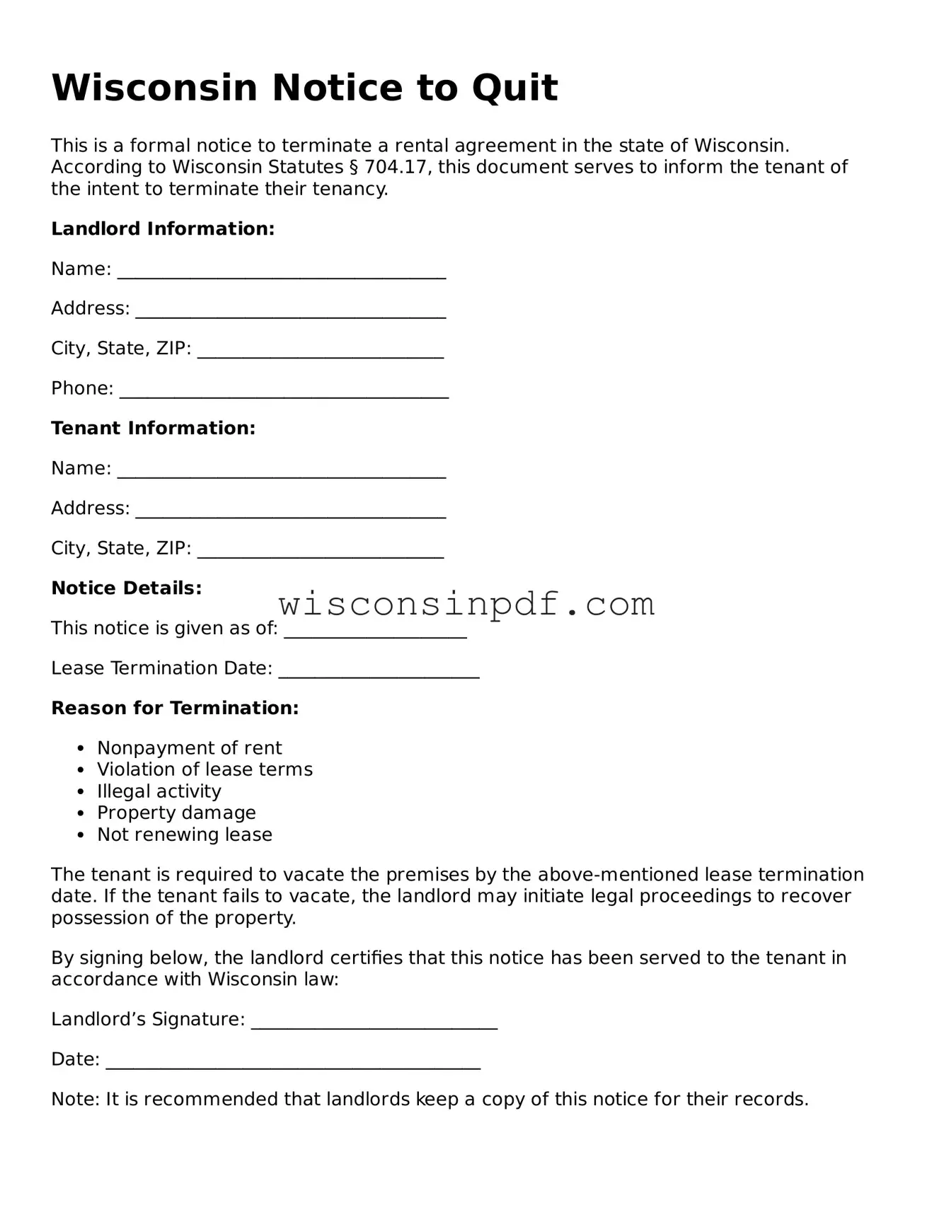 Blank  Notice to Quit Document for Wisconsin