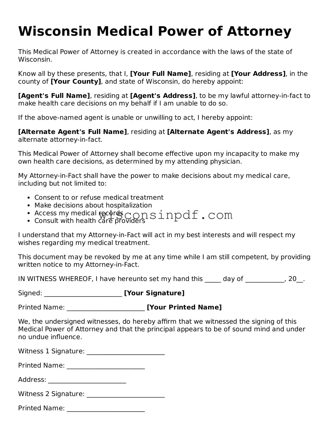 Blank  Medical Power of Attorney Document for Wisconsin