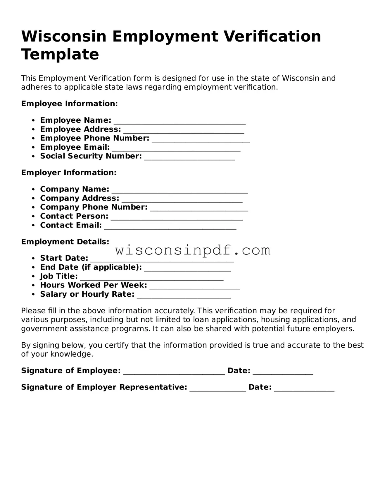 Blank  Employment Verification Document for Wisconsin