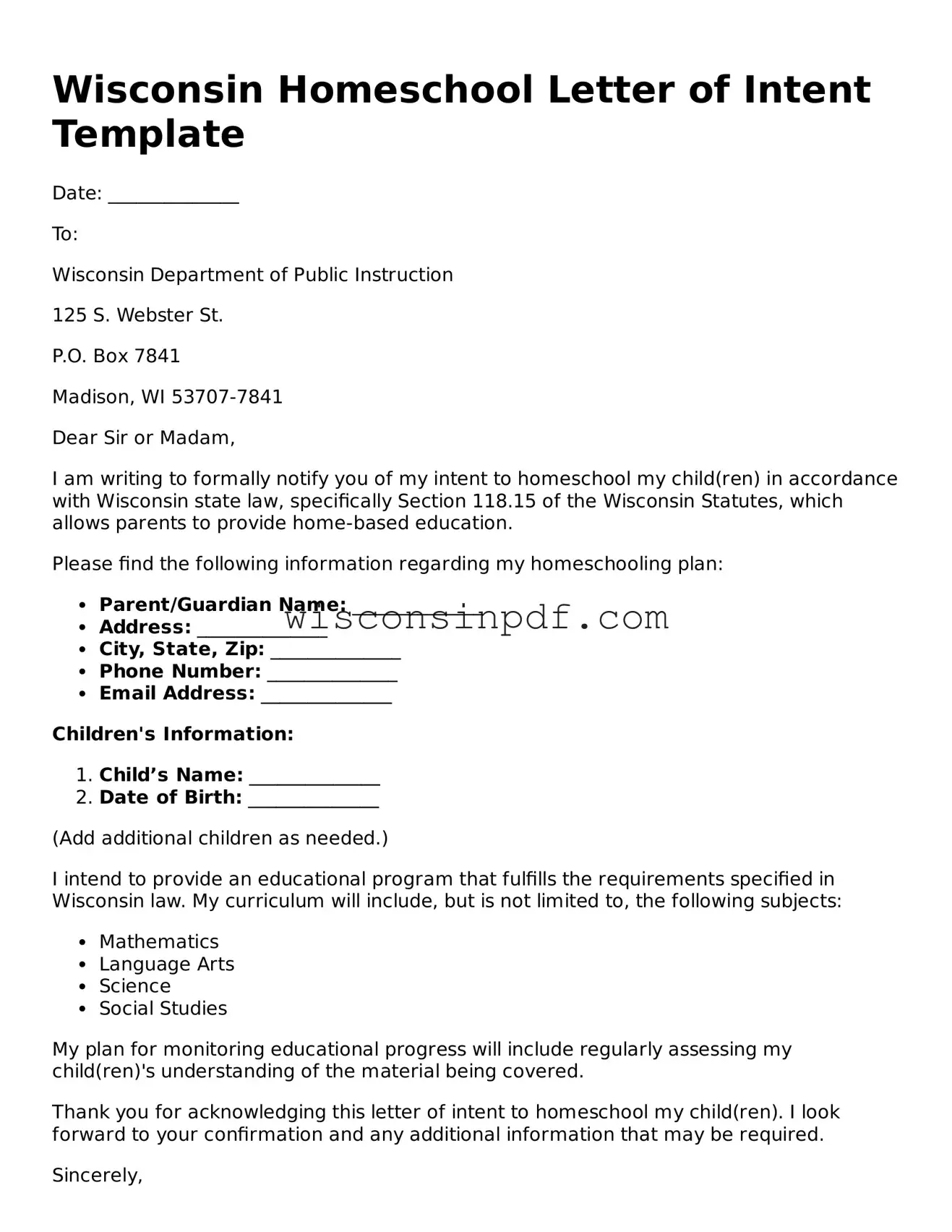 Blank  Homeschool Letter of Intent Document for Wisconsin