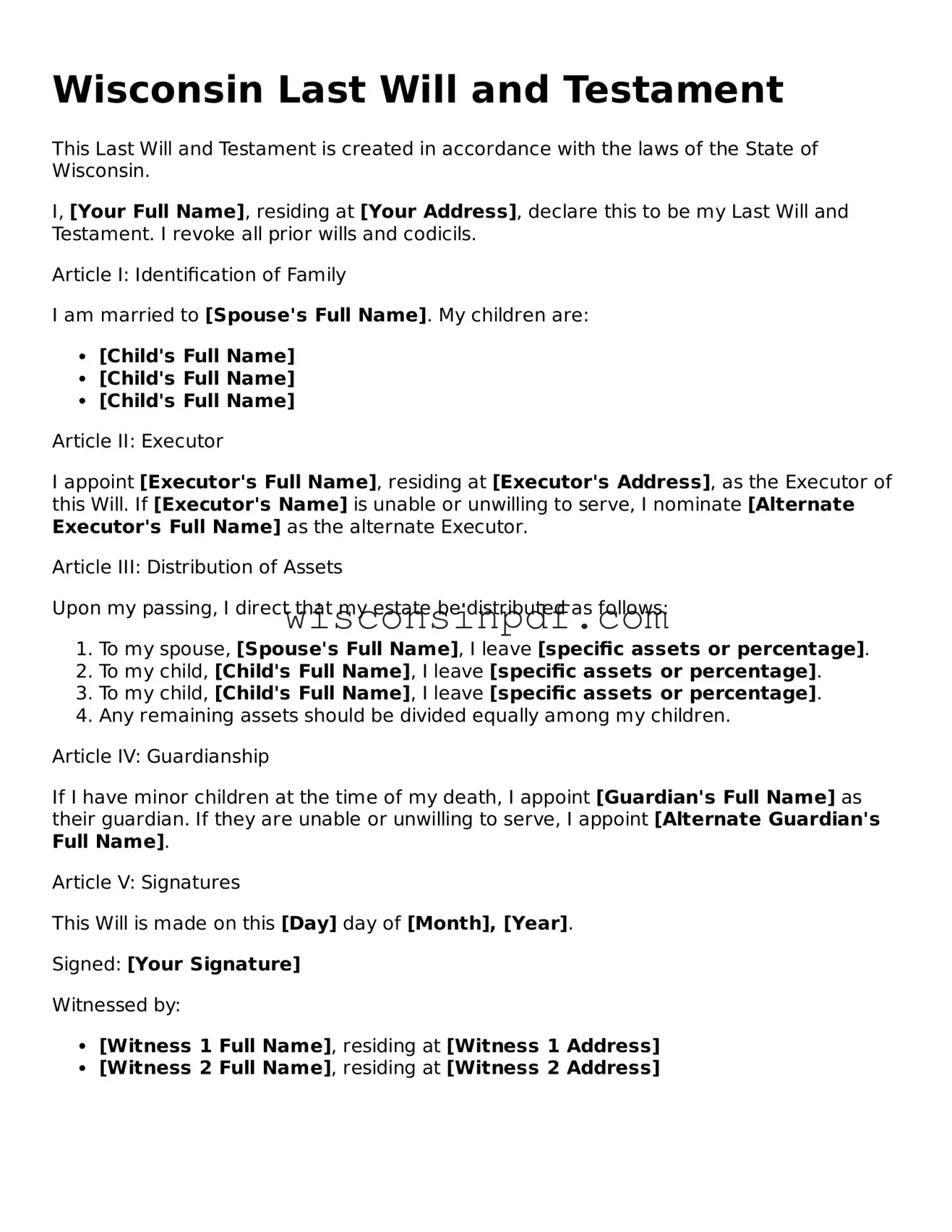 Blank  Last Will and Testament Document for Wisconsin