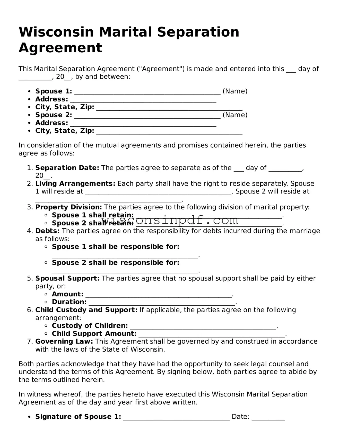 Blank  Marital Separation Agreement Document for Wisconsin