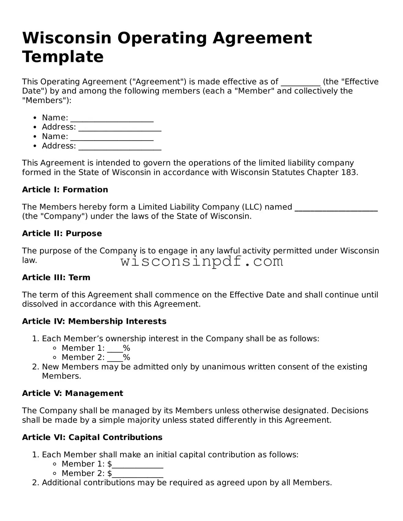 Blank  Operating Agreement Document for Wisconsin