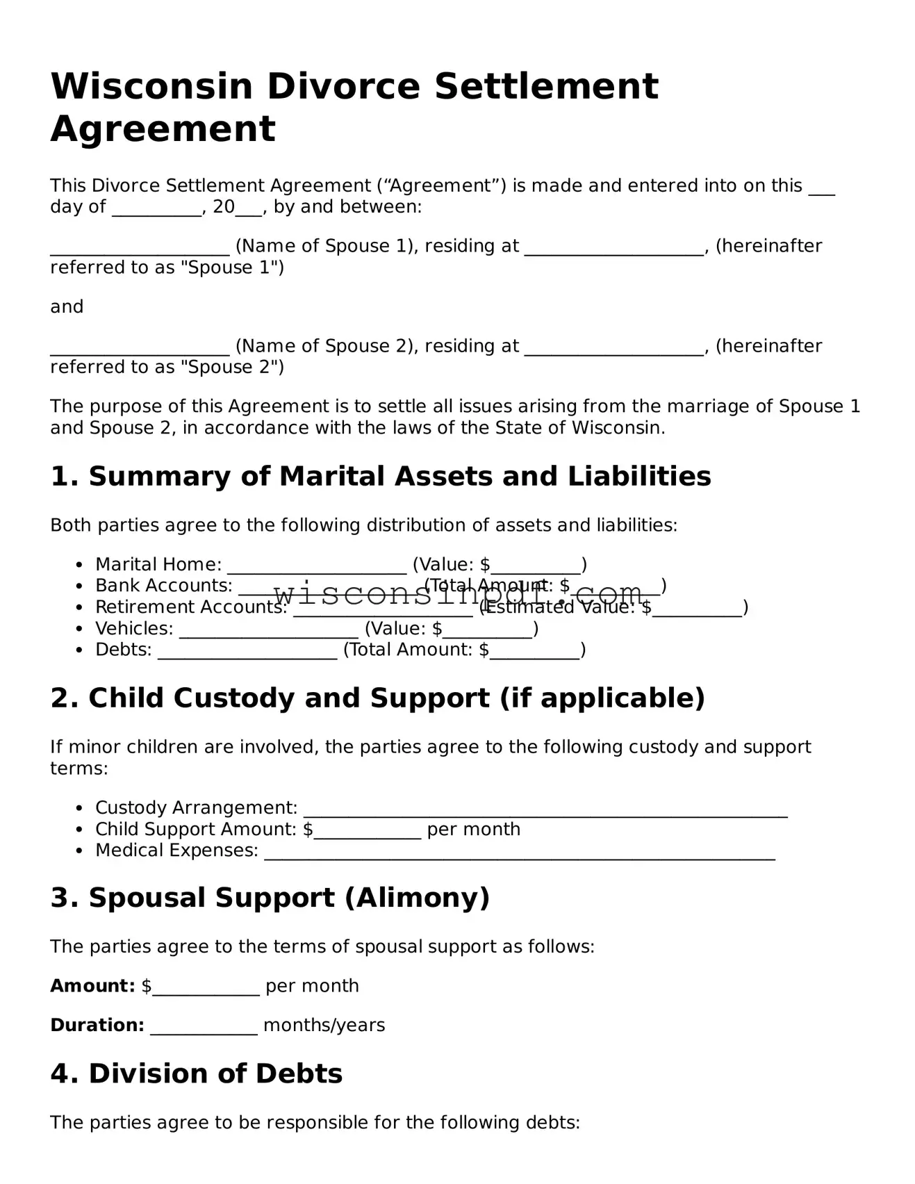 Blank  Divorce Settlement Agreement Document for Wisconsin