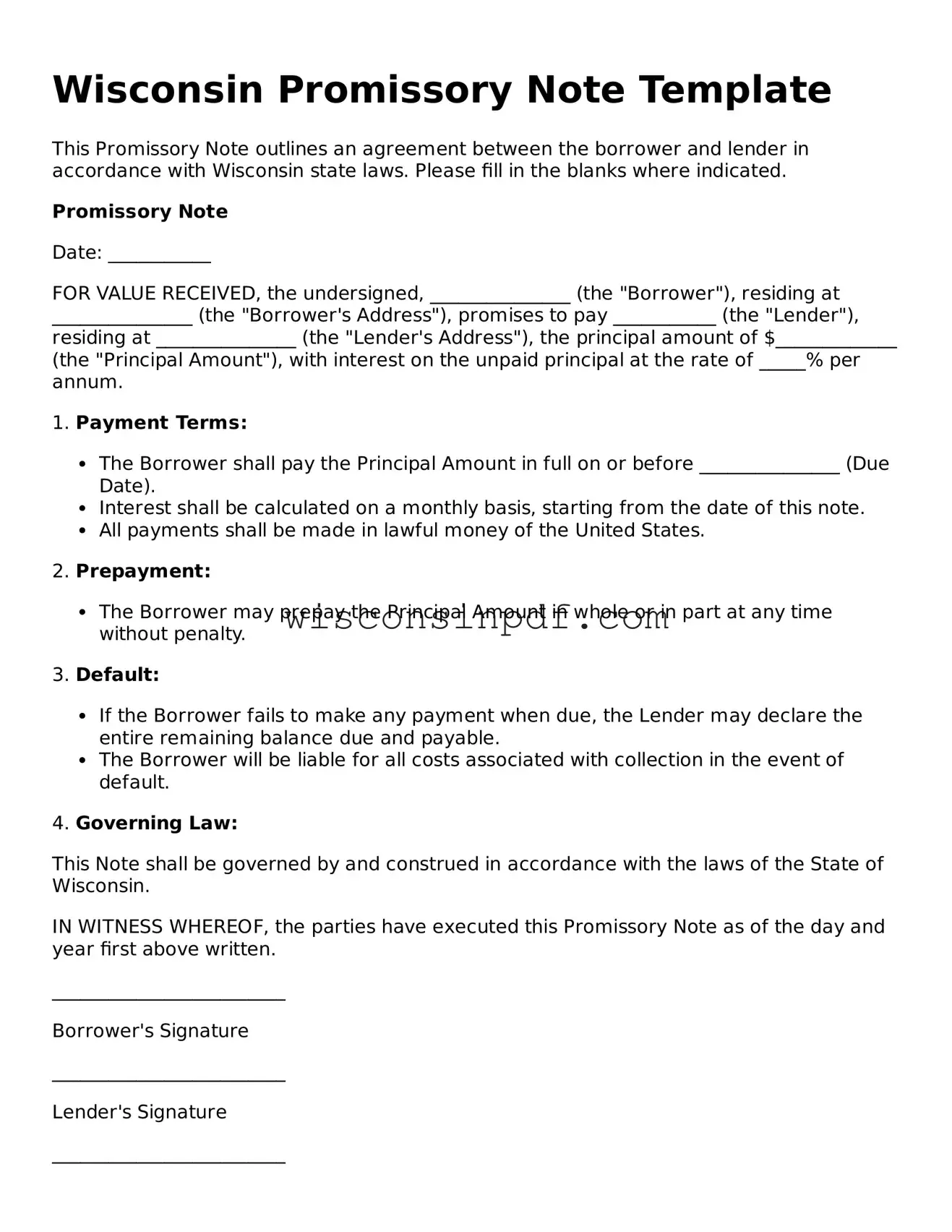 Blank  Promissory Note Document for Wisconsin