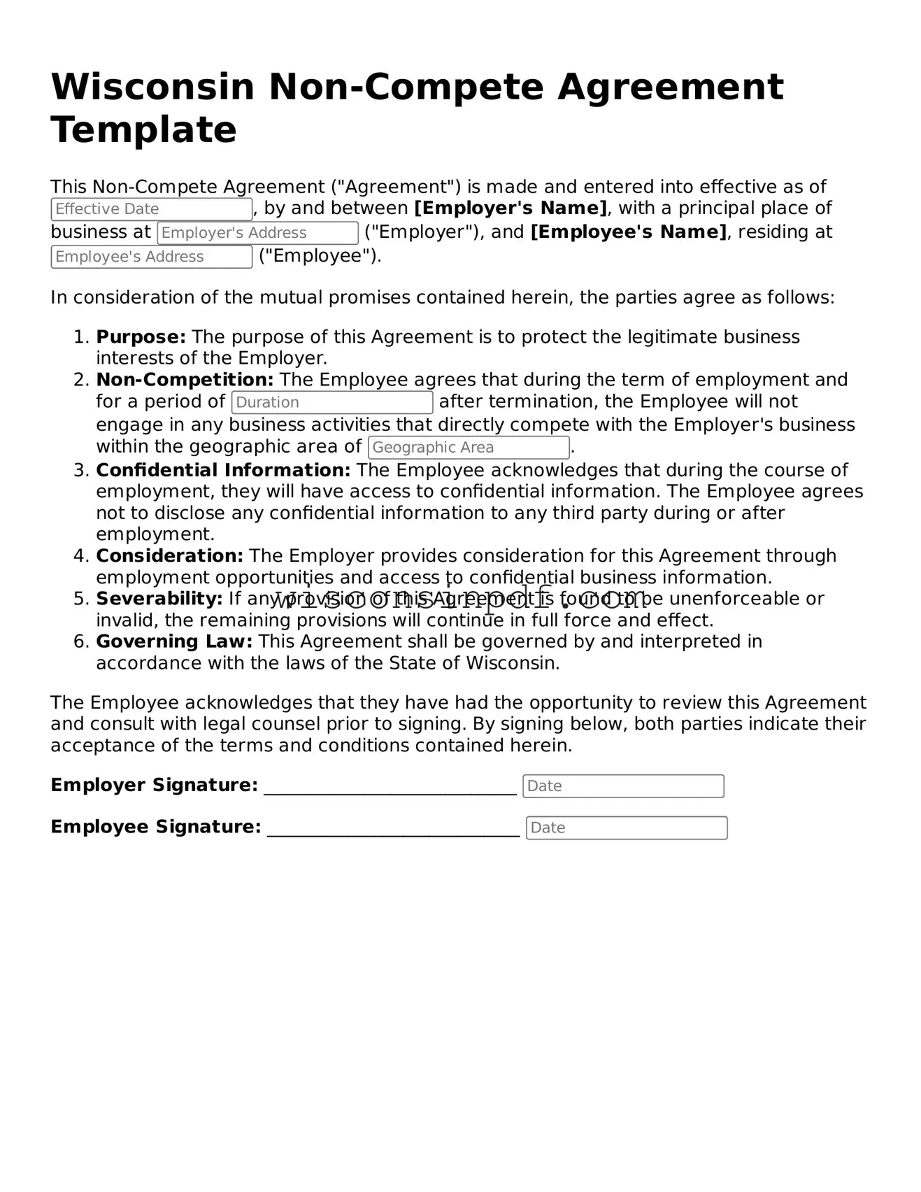 Blank  Non-compete Agreement Document for Wisconsin