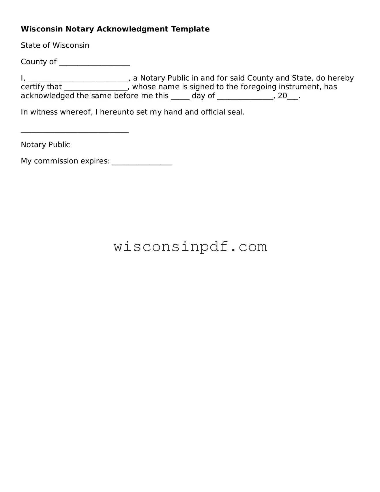 Blank  Notary Acknowledgement Document for Wisconsin