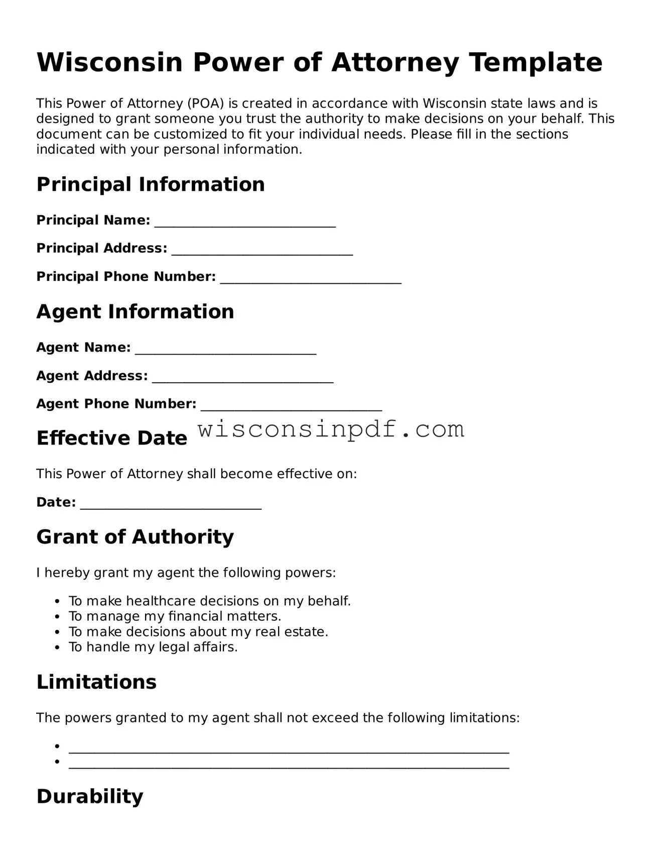 Blank  Power of Attorney Document for Wisconsin