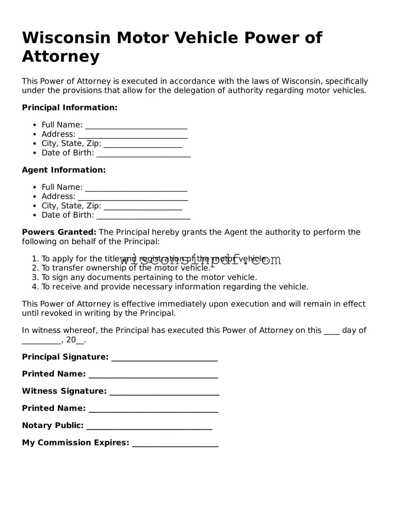 Blank  Motor Vehicle Power of Attorney Document for Wisconsin