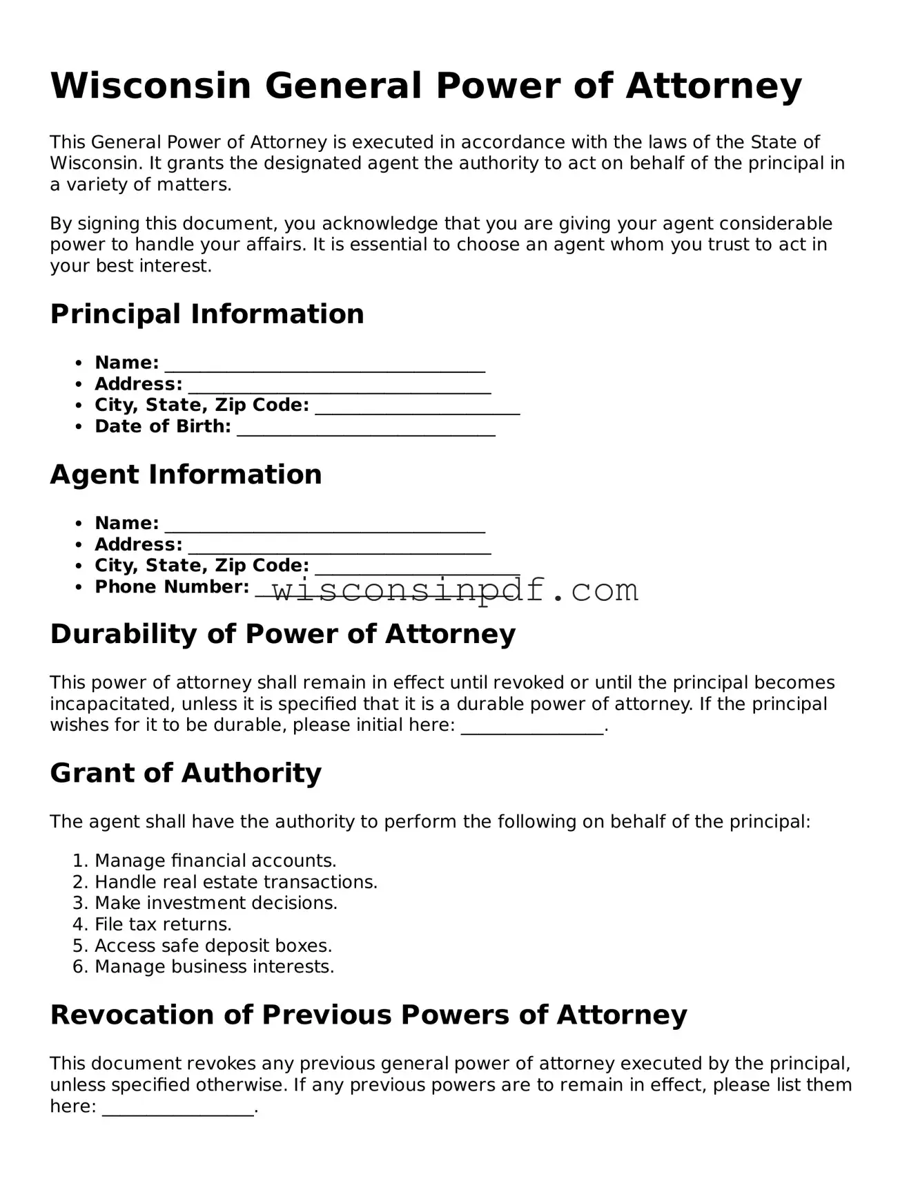 Blank  General Power of Attorney Document for Wisconsin