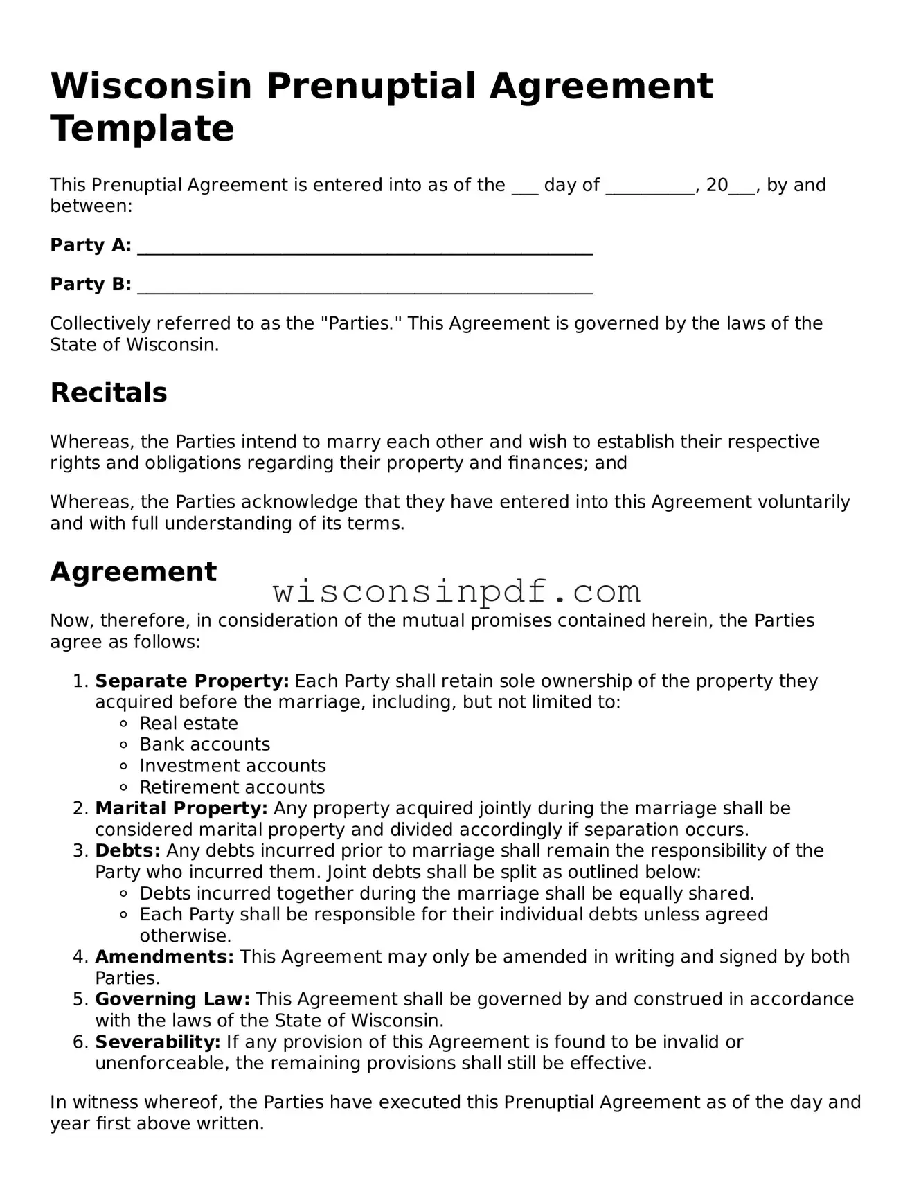 Blank  Prenuptial Agreement Document for Wisconsin