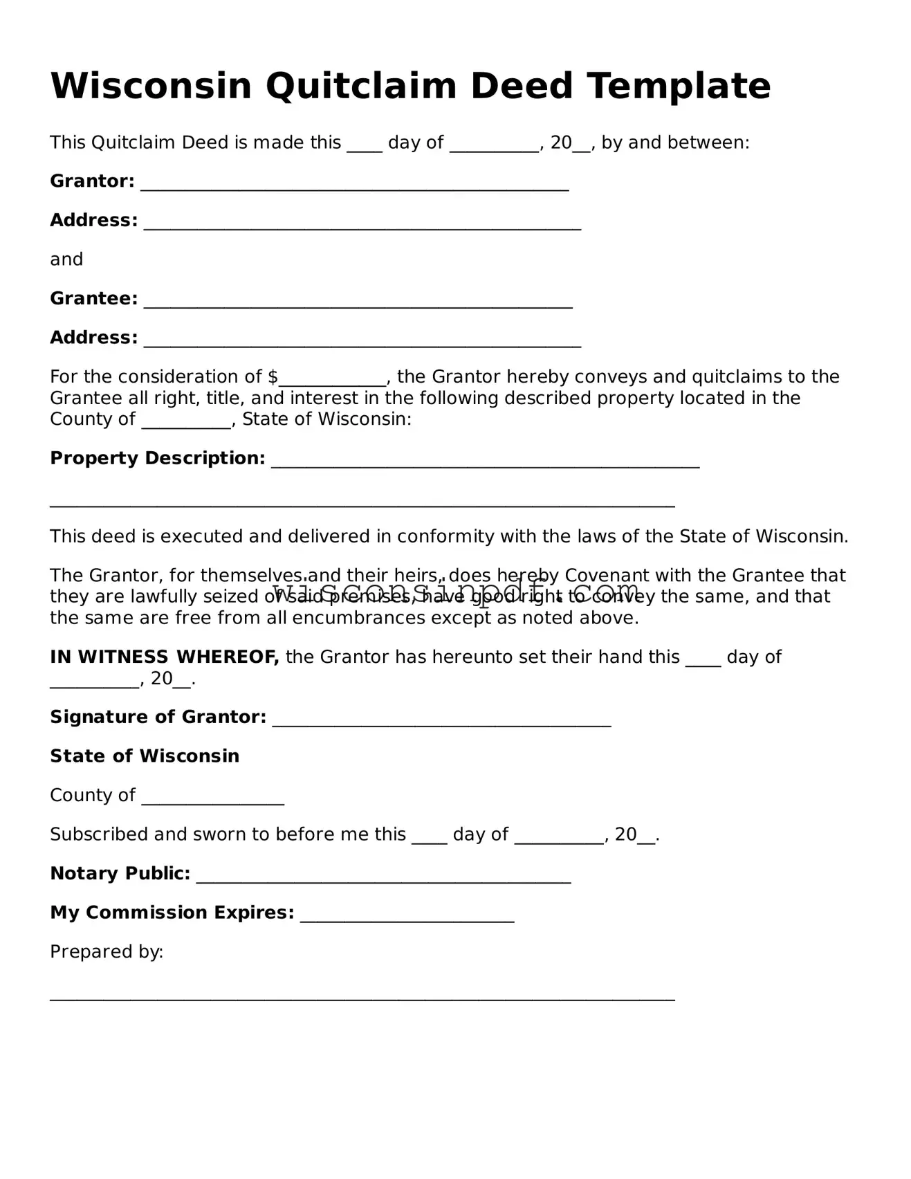 Blank  Quitclaim Deed Document for Wisconsin