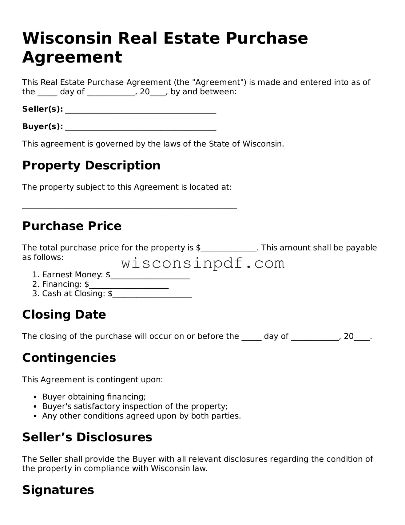 Blank  Real Estate Purchase Agreement Document for Wisconsin