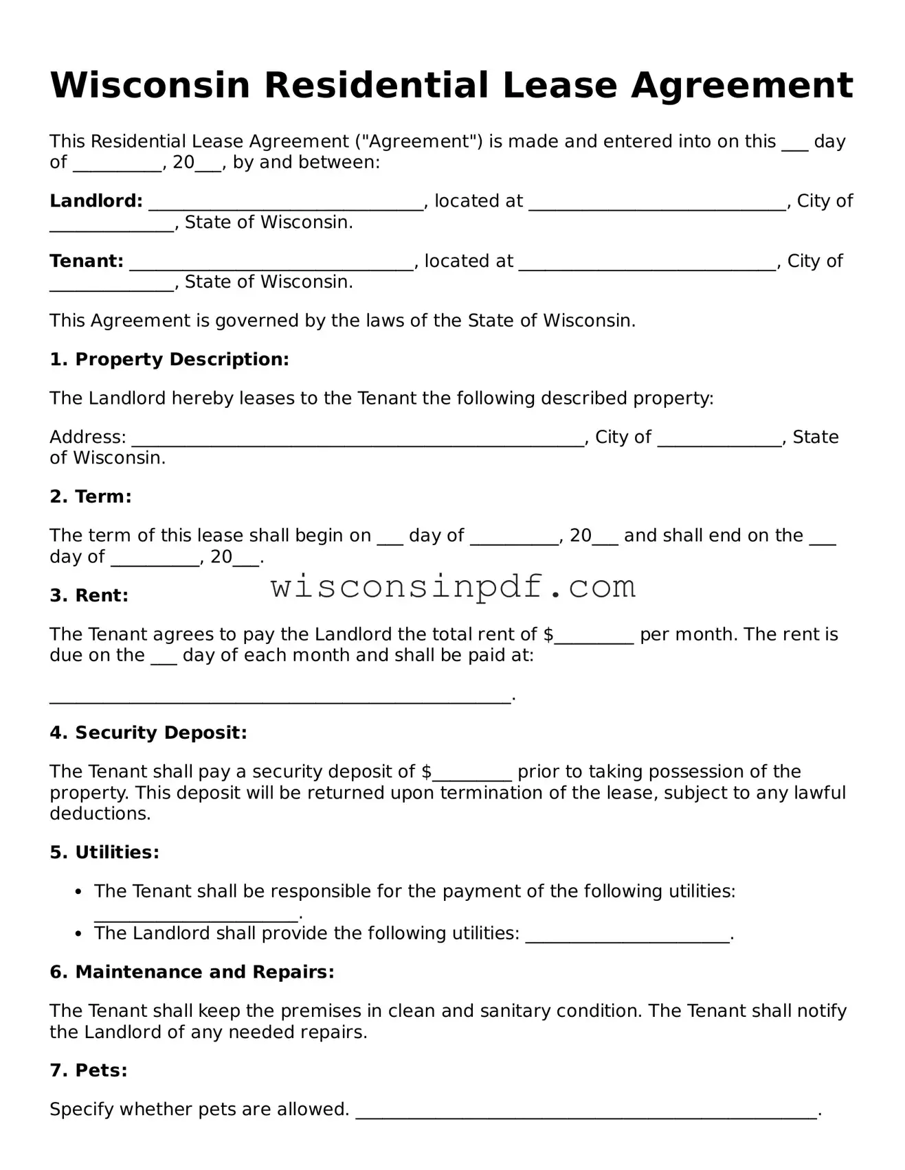 Blank  Residential Lease Agreement Document for Wisconsin